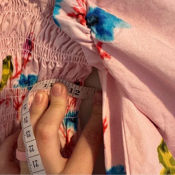 GANNI Pink Floral Cotton Smocked Square Neck Top Blouse Small - Picture 8 of 11